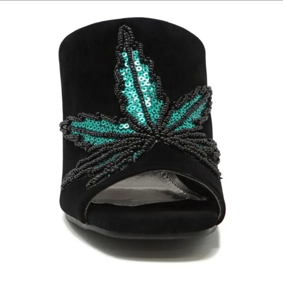 IRON FIST ✦ Mary Jane Block Heel Mules ✦ Green Black Vegan Velvet Weed Leaf - Picture 4 of 10